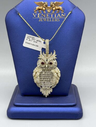 10KT Red Eye Diamond Owl Pendant