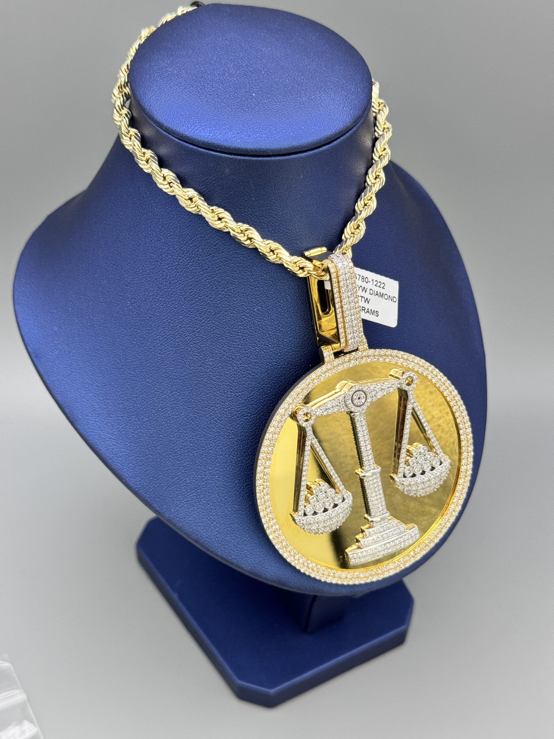 img_5054-4 10KT Gold Custom 7.68CT Diamond Justice Scale Pendant ComboSet Weighing Solitaire Diamonds All VS Clarity 2.5" Wide any 3" Tall Includes Back With Custom Snap Opening Back Approx Gold Weight 68.4 Gram Necklace Rope 5MM 20" Approx Gold Weight 8.2 Gram