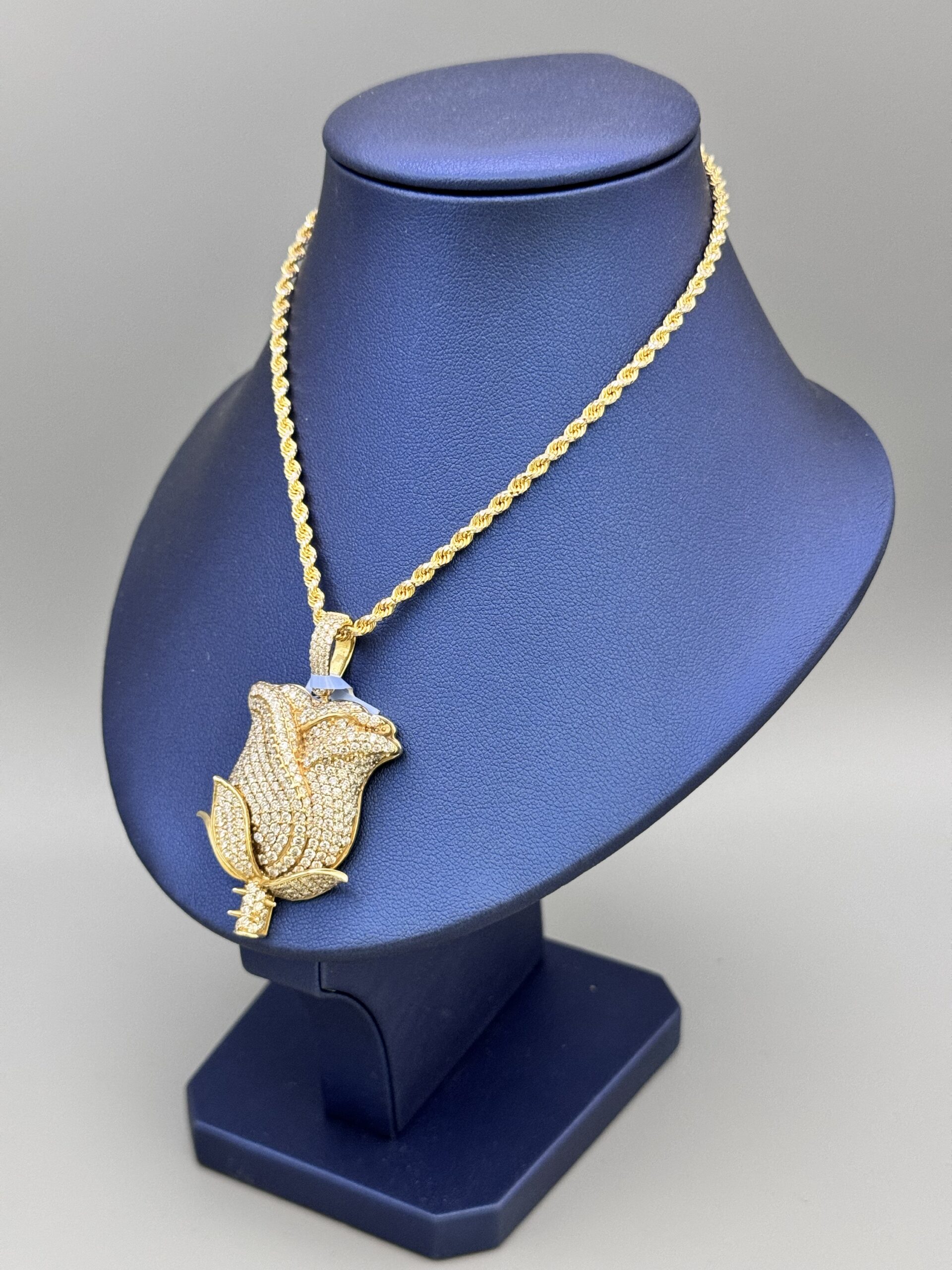 img_5135 14KT Gold Custom 4.44CT Diamond Rose Pendant ComboSet Comes With DiaCut 10KT Rope Necklace Solid Back Pendant With Rose Designs 2" Tall By 1.25" Wide Approx Gold Weight 21.6 Gram Necklace 20" 3MM Approx Gold Weight 12.09 Gram VS Clarity