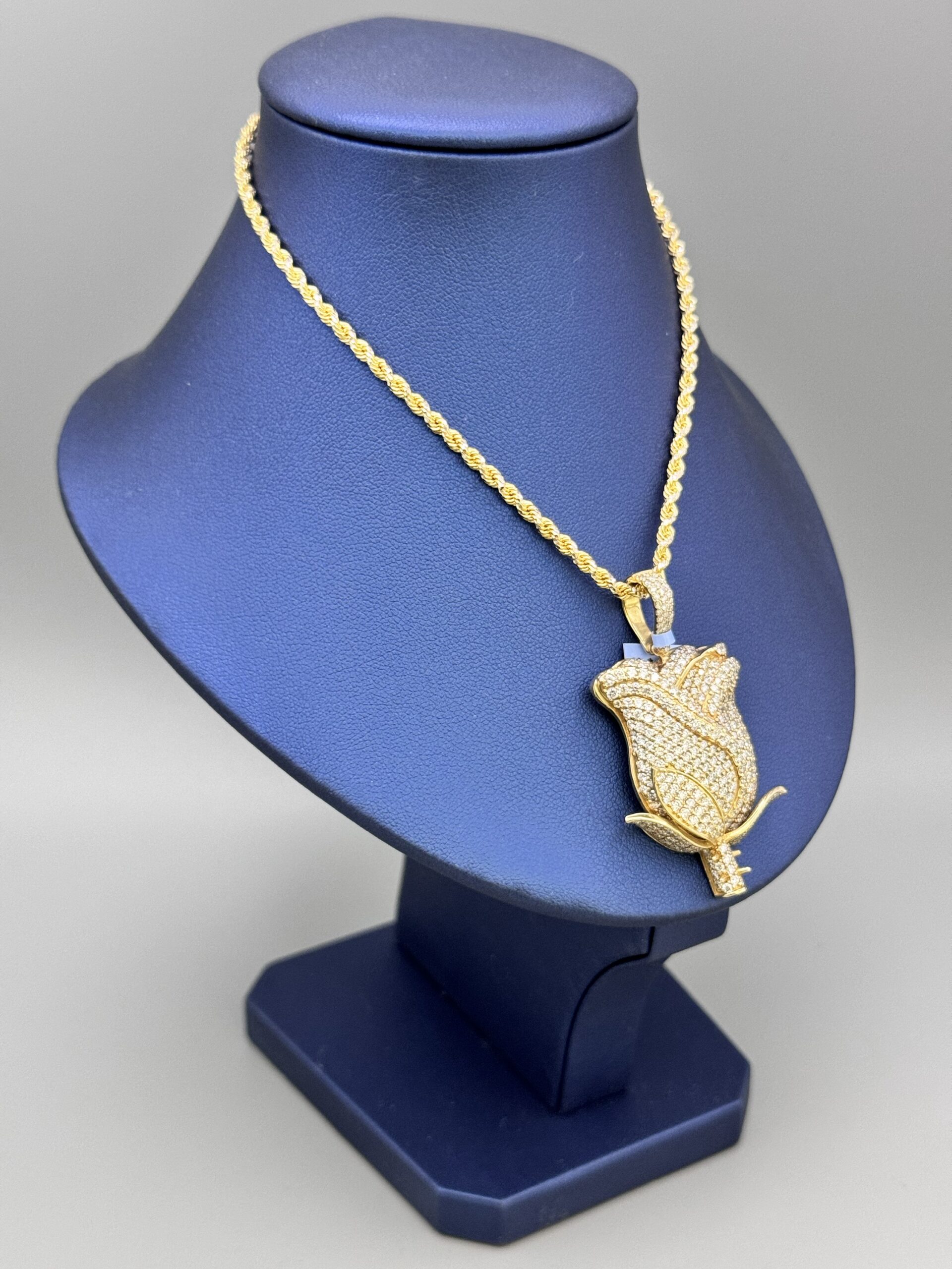 img_5136-2 14KT Gold Custom 4.44CT Diamond Rose Pendant ComboSet Comes With DiaCut 10KT Rope Necklace Solid Back Pendant With Rose Designs 2" Tall By 1.25" Wide Approx Gold Weight 21.6 Gram Necklace 20" 3MM Approx Gold Weight 12.09 Gram VS Clarity