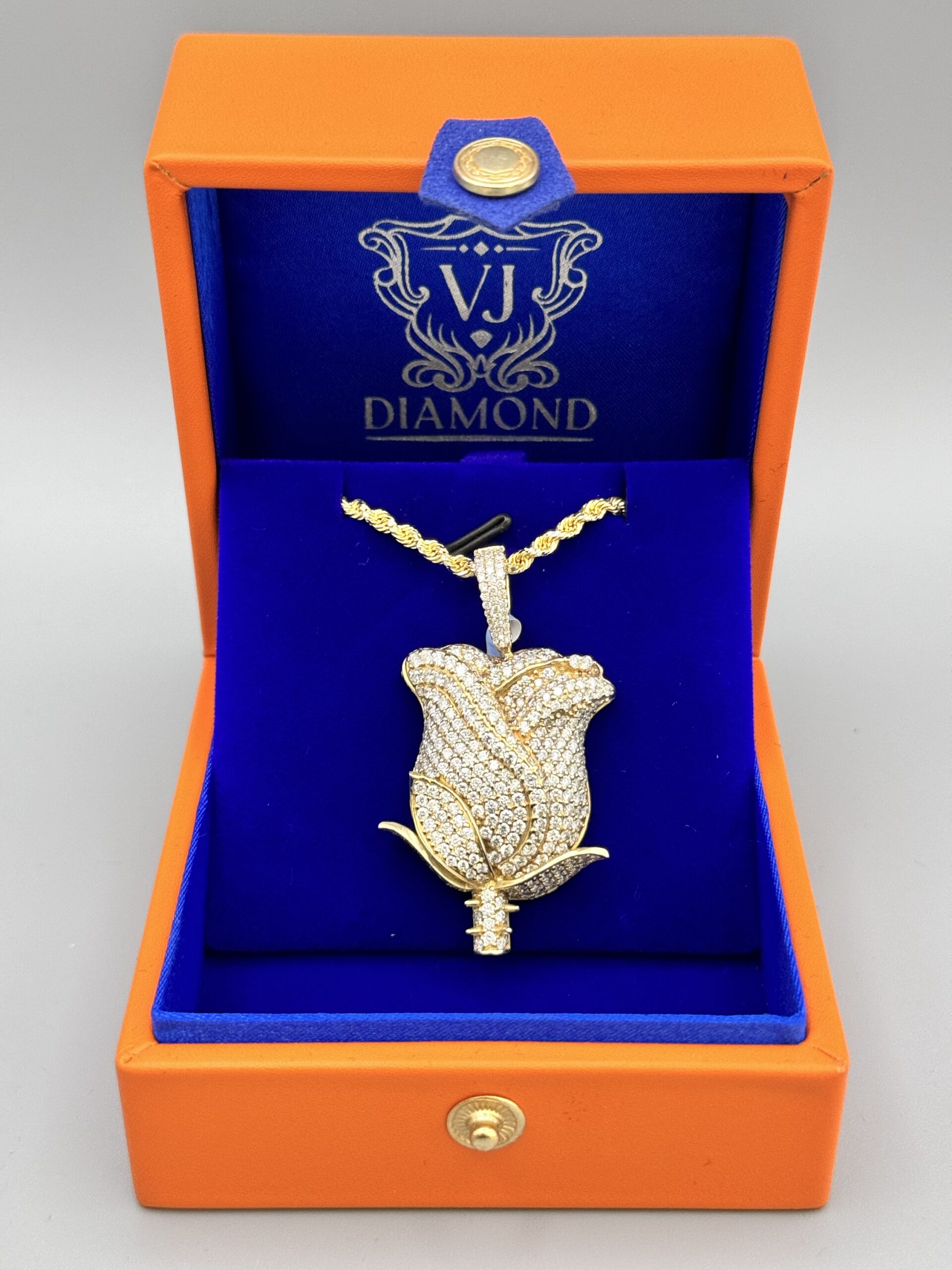 img_5137-3 14KT Gold Custom 4.44CT Diamond Rose Pendant ComboSet Comes With DiaCut 10KT Rope Necklace Solid Back Pendant With Rose Designs 2" Tall By 1.25" Wide Approx Gold Weight 21.6 Gram Necklace 20" 3MM Approx Gold Weight 12.09 Gram VS Clarity