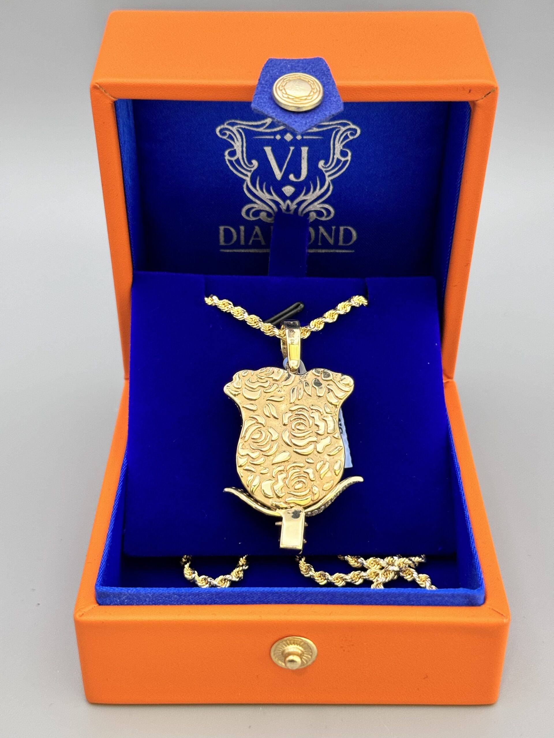 img_5138-3 14KT Gold Custom 4.44CT Diamond Rose Pendant ComboSet Comes With DiaCut 10KT Rope Necklace Solid Back Pendant With Rose Designs 2" Tall By 1.25" Wide Approx Gold Weight 21.6 Gram Necklace 20" 3MM Approx Gold Weight 12.09 Gram VS Clarity